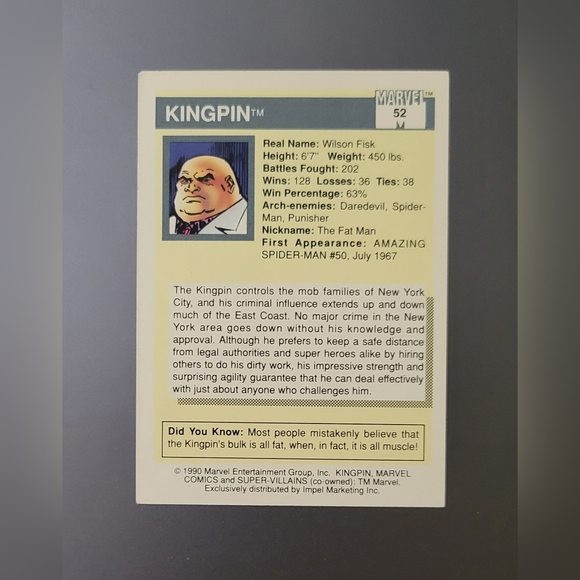 KINGPIN Marvel 1990 Universe #52 Impel Comic Cards Series 1 Super-Villains - Picture 4 of 4
